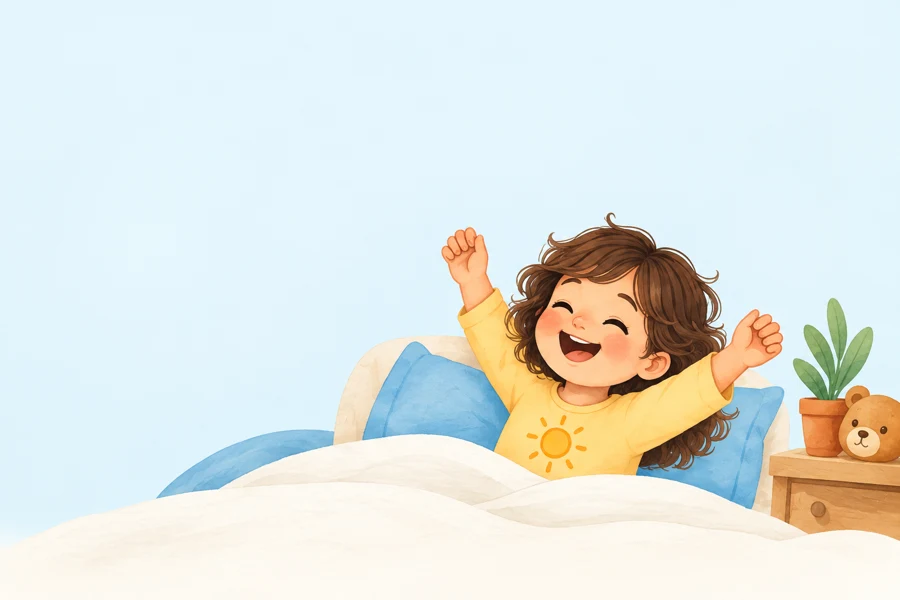 Illustration of a child stretching awake in the morning